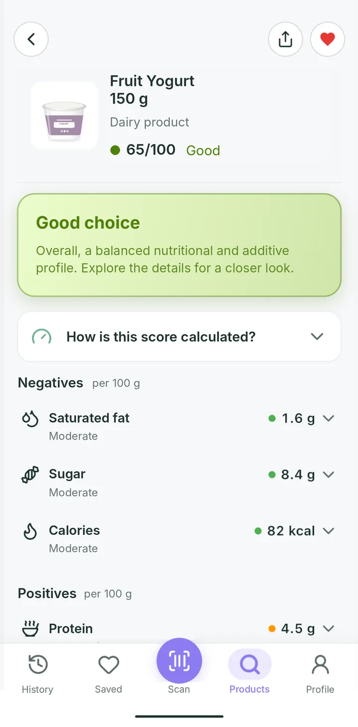 A product page in Etika showing Fruit Yogurt with a score of 65/100, a “Good choice” rating and rows for saturated fat, sugar, calories and protein.